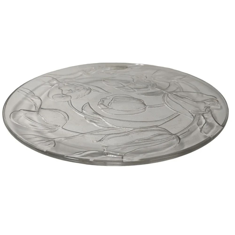 Vintage Kig Group Round Serving Platter Embossed Tulips‎ Clear Glass 13 inch SEE